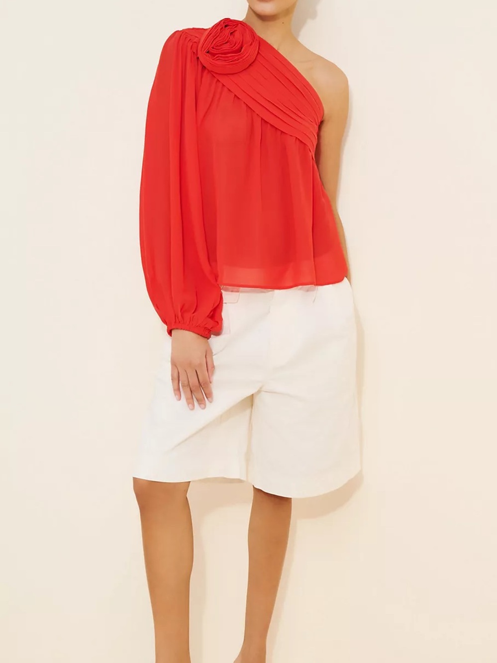 FARM Rio Rose One Shoulder Rosette Pleated Chiffon Blouse Coral Red Size M - Picture 3 of 15
